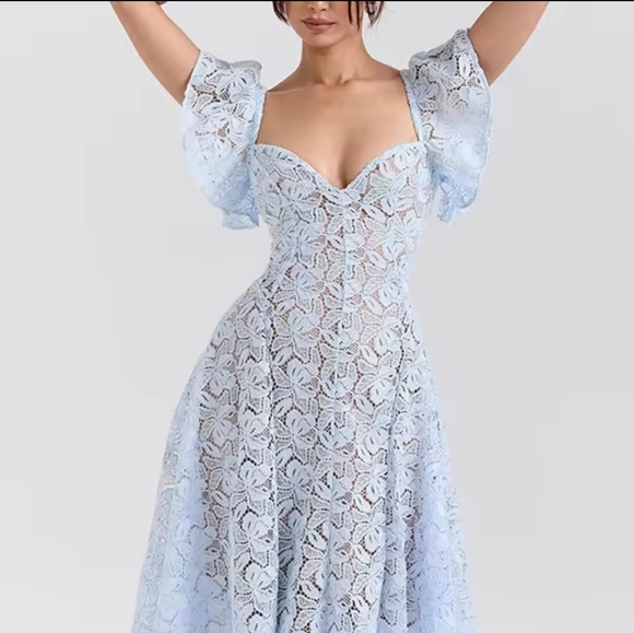 Butterfly Sleeve Solid Maxi Dress, WomenHollow Out V Neck Sexy Party Dress - Picture 2 of 6